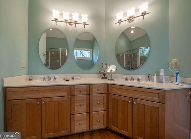 20 Rivercreek Xing, Kingston, GA 30145 - full bath featuring double vanity, a shower with shower door, and wood finished floors
