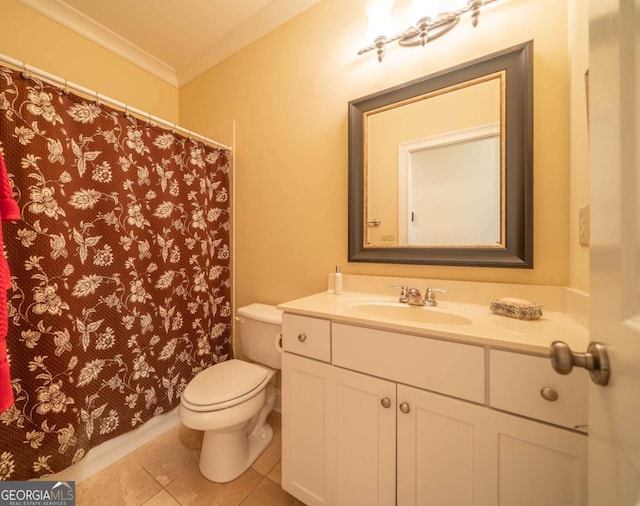 bathroom featuring vanity, ornamental molding, tile patterned flooring, toilet, and curtained shower