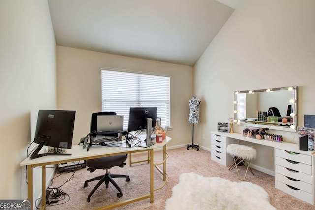 office with baseboards, carpet flooring, and lofted ceiling