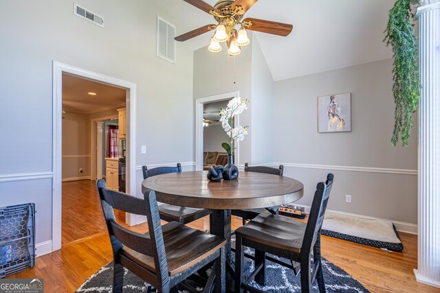 1 Graben Dr NW, Rome, GA 30165 - dining space featuring light wood-style floors, high vaulted ceiling, visible vents, and a ceiling fan