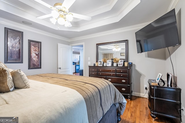 1 Graben Dr NW, Rome, GA 30165 - bedroom with baseboards, ornamental molding, a ceiling fan, a raised ceiling, and hardwood / wood-style flooring