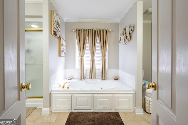 1 Graben Dr NW, Rome, GA 30165 - full bathroom with crown molding, tile patterned floors, a stall shower, and a tub with jets