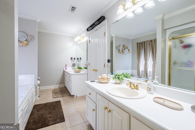 1 Graben Dr NW, Rome, GA 30165 - bathroom featuring two vanities, ornamental molding, tile patterned floors, visible vents, and a sink