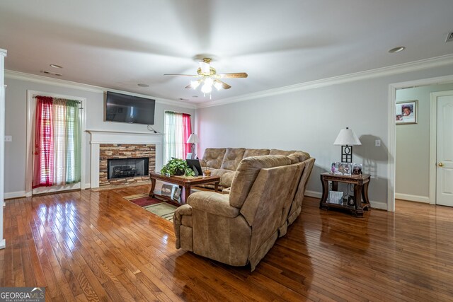 1 Graben Dr NW, Rome, GA 30165 - living room with baseboards, ornamental molding, a ceiling fan, a fireplace, and hardwood / wood-style floors