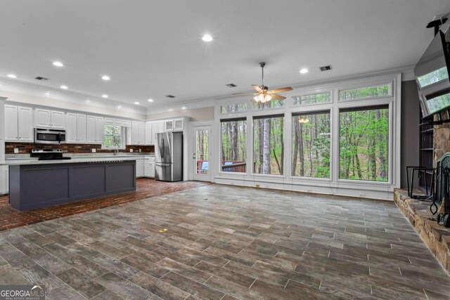 2455 Horseleg Creek Rd SW, Rome, GA 30165 - kitchen featuring white cabinetry, visible vents, appliances with stainless steel finishes, and a ceiling fan