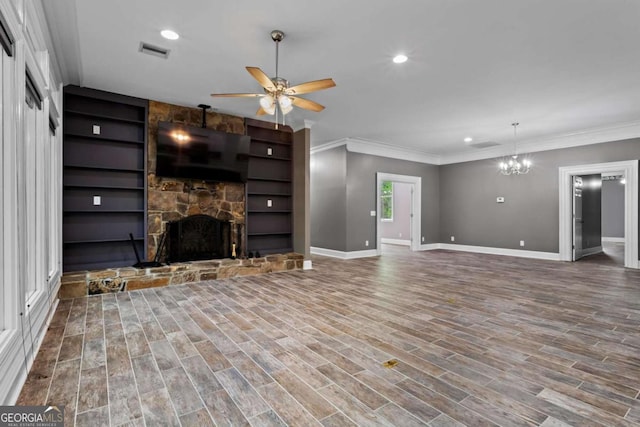 2455 Horseleg Creek Rd SW, Rome, GA 30165 - unfurnished living room featuring baseboards, visible vents, ceiling fan with notable chandelier, and ornamental molding