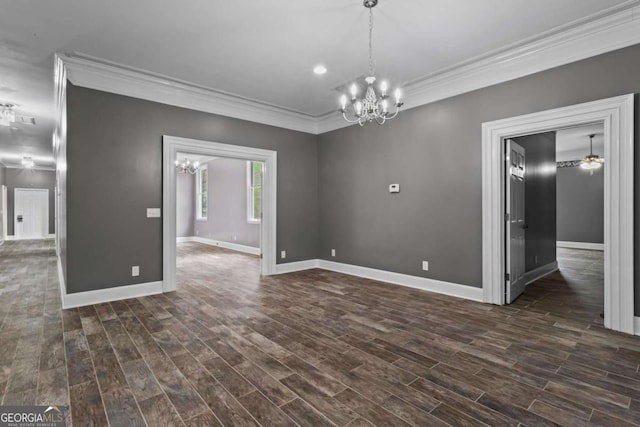 2455 Horseleg Creek Rd SW, Rome, GA 30165 - empty room with a chandelier, dark wood-style floors, baseboards, and crown molding