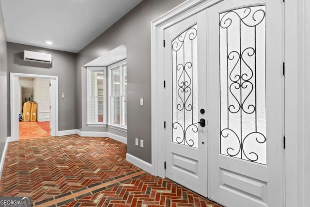 2455 Horseleg Creek Rd SW, Rome, GA 30165 - foyer entrance featuring brick floor, a wall unit AC, baseboards, and recessed lighting