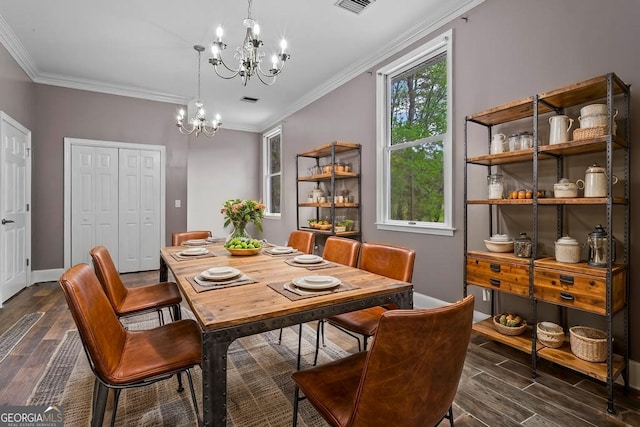 2455 Horseleg Creek Rd SW, Rome, GA 30165 - dining area featuring baseboards, an inviting chandelier, ornamental molding, dark wood-type flooring, and visible vents