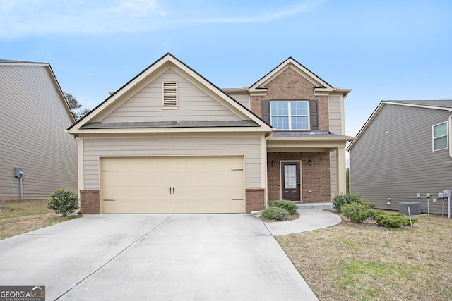 view of front of property with central air condition unit, concrete driveway, a garage, and brick siding