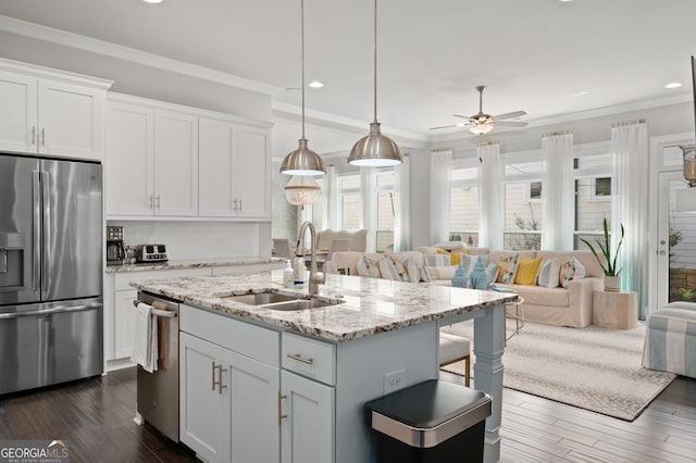 kitchen featuring crown molding, appliances with stainless steel finishes, a sink, and dark wood finished floors