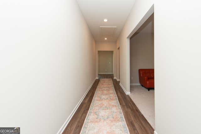3495 Delegate Aly, Scottdale, GA 30079 - hallway featuring attic access, baseboards, dark wood-type flooring, and recessed lighting