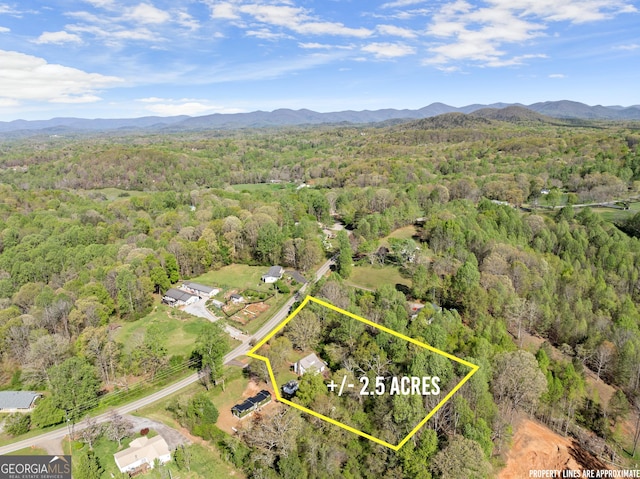 drone / aerial view with a mountain view and a view of trees