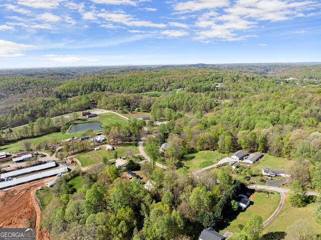bird's eye view featuring a wooded view and a water view