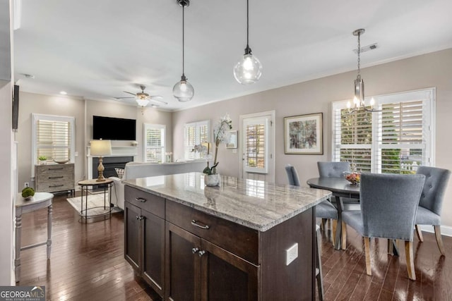 kitchen featuring a healthy amount of sunlight, a fireplace, dark brown cabinetry, and dark wood finished floors