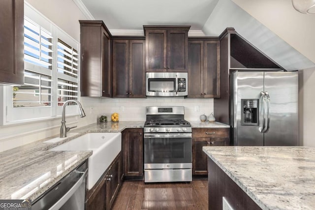 kitchen with dark brown cabinetry, dark wood-style floors, backsplash, light stone countertops, and stainless steel appliances