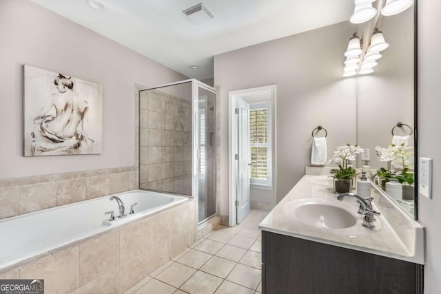 full bath with tile patterned floors, a shower stall, a bath, visible vents, and a sink