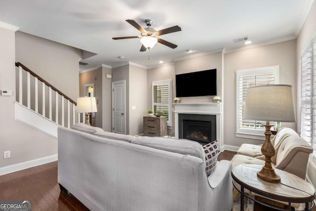 living room with ceiling fan, a fireplace, dark wood-type flooring, ornamental molding, and baseboards