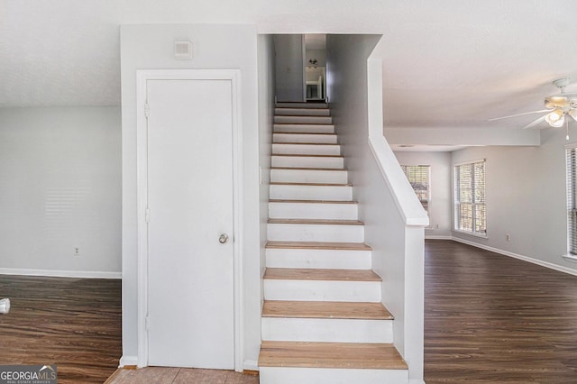 3742 Linecrest Rd, Ellenwood, GA 30294 - stairs featuring wood finished floors, ceiling fan, and baseboards