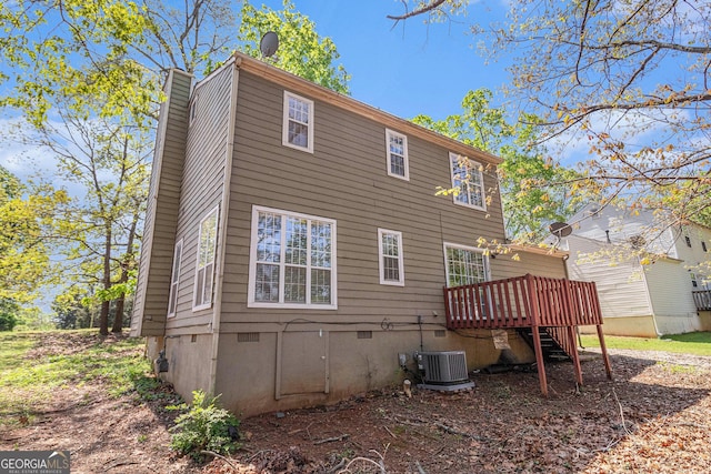 3742 Linecrest Rd, Ellenwood, GA 30294 - rear view of house featuring central AC, a deck, crawl space, a chimney, and stairs