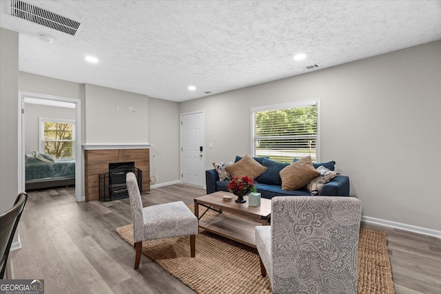 living area featuring a wealth of natural light, a fireplace, and visible vents
