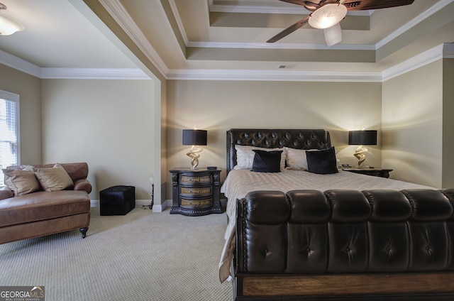 bedroom with crown molding, ceiling fan, carpet, a tray ceiling, and baseboards