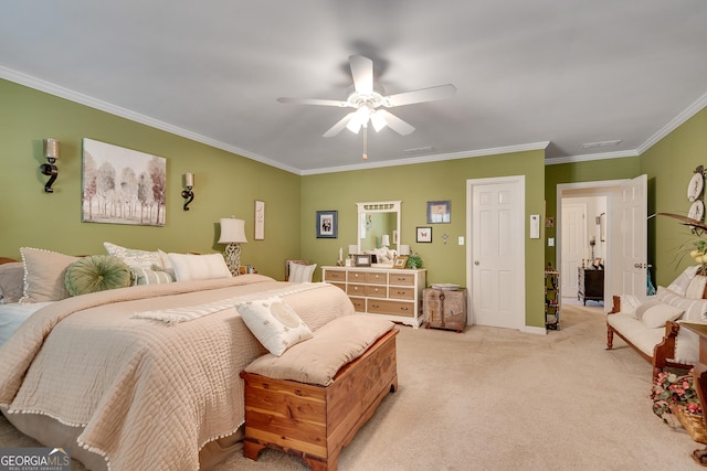 1826 Bedfordshire Ct, Decatur, GA 30033 - bedroom with light carpet, crown molding, a ceiling fan, and baseboards
