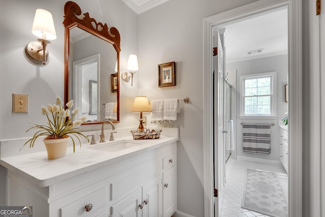 1826 Bedfordshire Ct, Decatur, GA 30033 - full bath with ornamental molding, vanity, a shower, and baseboards