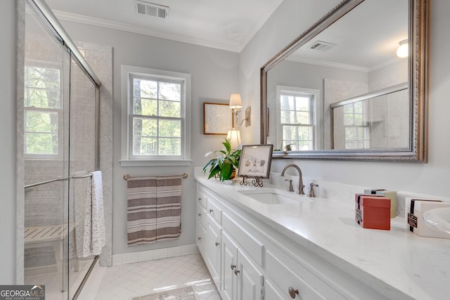 1826 Bedfordshire Ct, Decatur, GA 30033 - full bathroom featuring vanity, a shower stall, ornamental molding, and tile patterned flooring