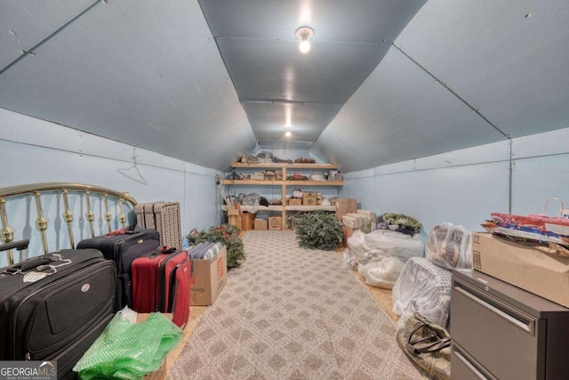 game room featuring lofted ceiling and carpet floors