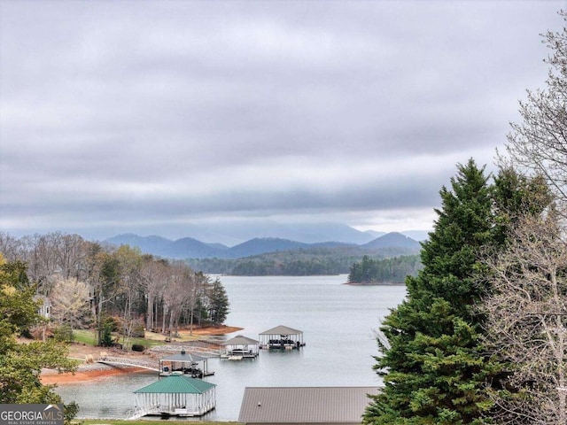 water view featuring a floating dock and mountains
