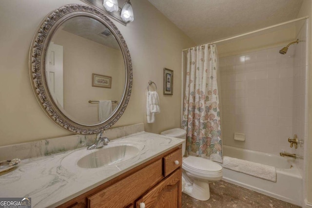 bathroom featuring toilet, shower / tub combo with curtain, and vanity