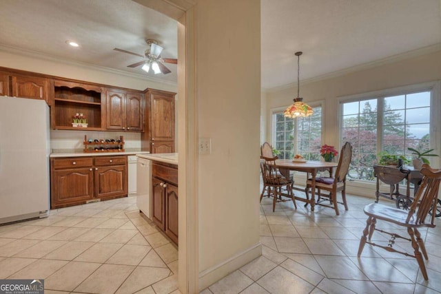 kitchen featuring white appliances, light countertops, light tile patterned floors, crown molding, and open shelves