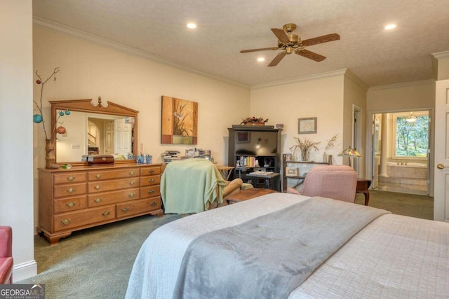 bedroom featuring carpet flooring, crown molding, recessed lighting, a ceiling fan, and connected bathroom