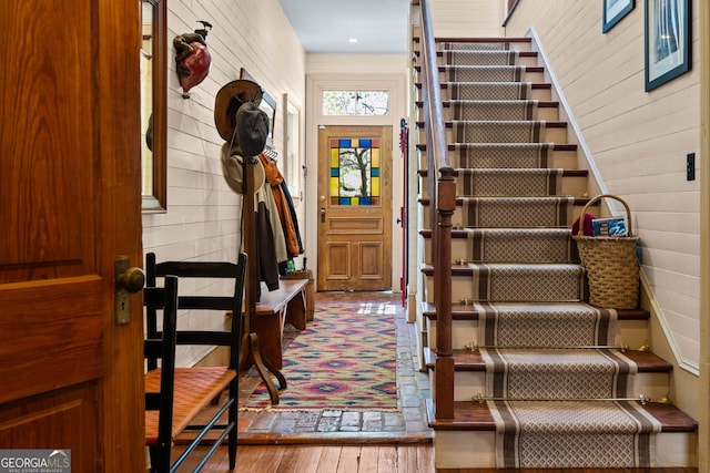 218 Barry St, Decatur, GA 30030 - stairs with wood walls and wood finished floors