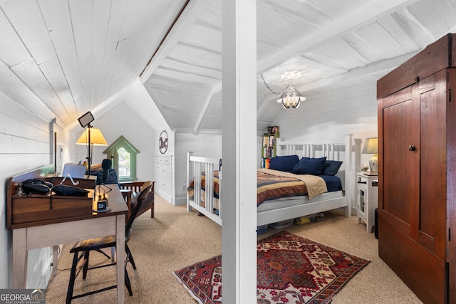 218 Barry St, Decatur, GA 30030 - carpeted bedroom with wooden ceiling, an inviting chandelier, and lofted ceiling