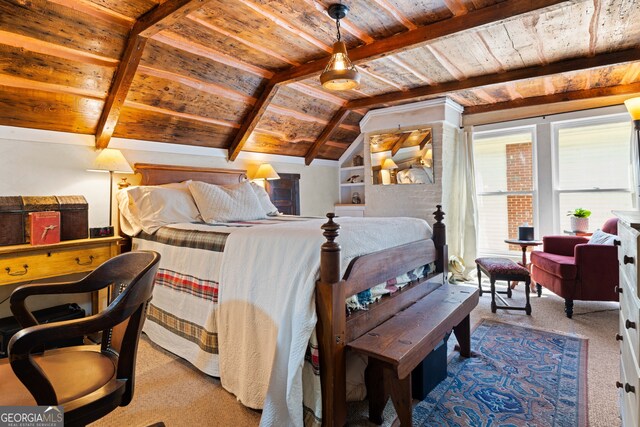 218 Barry St, Decatur, GA 30030 - bedroom featuring carpet, wood ceiling, and lofted ceiling with beams