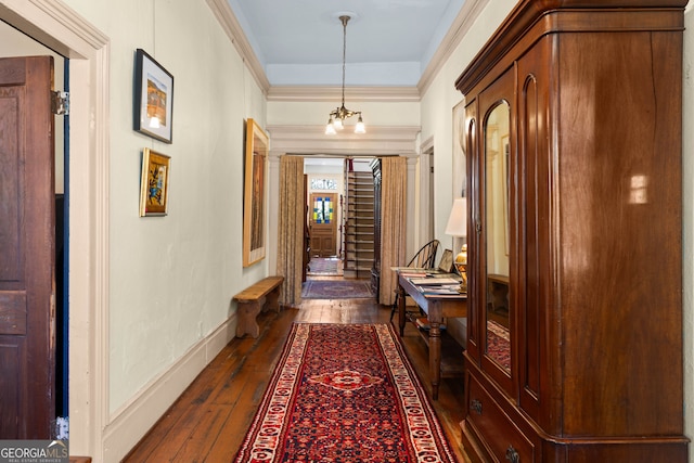 218 Barry St, Decatur, GA 30030 - hallway with crown molding, baseboards, and dark wood finished floors