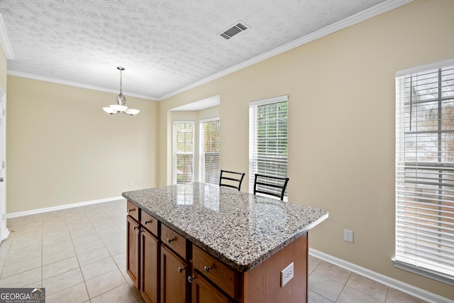 5213 Pinnacle Point Cts, Norcross, GA 30071 - kitchen featuring light tile patterned floors, visible vents, an inviting chandelier, and ornamental molding