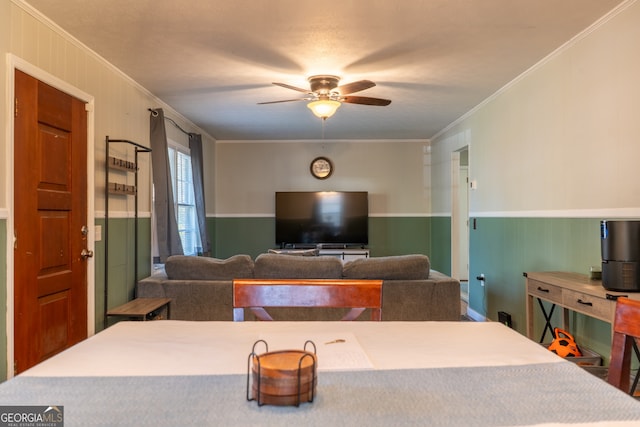 140 Goldust Ave, Clarkesville, GA 30523 - living room featuring ceiling fan, ornamental molding, and wainscoting