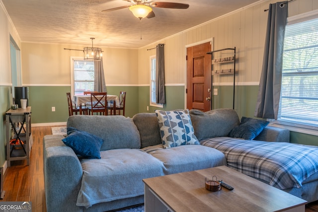 140 Goldust Ave, Clarkesville, GA 30523 - living room featuring wood finished floors, a ceiling fan, crown molding, and a chandelier