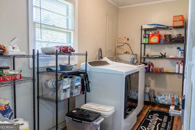 140 Goldust Ave, Clarkesville, GA 30523 - washroom with separate washer and dryer, ornamental molding, and wood finished floors