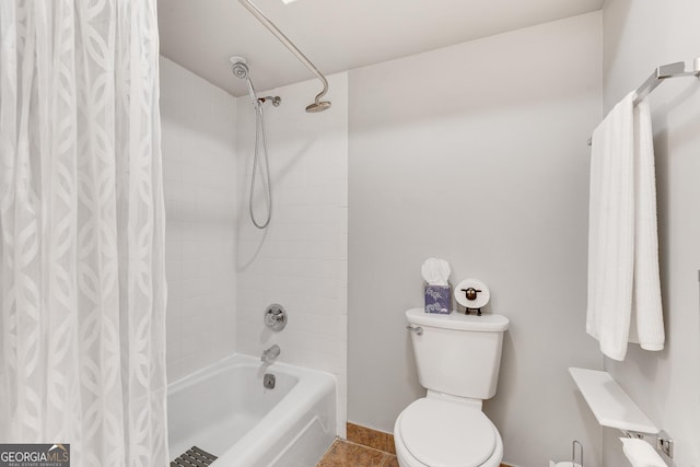 full bath with toilet, shower / tub combo with curtain, and tile patterned flooring