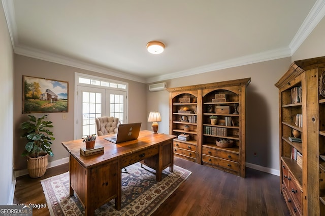 office space with crown molding, a wall unit AC, dark wood-style flooring, and baseboards