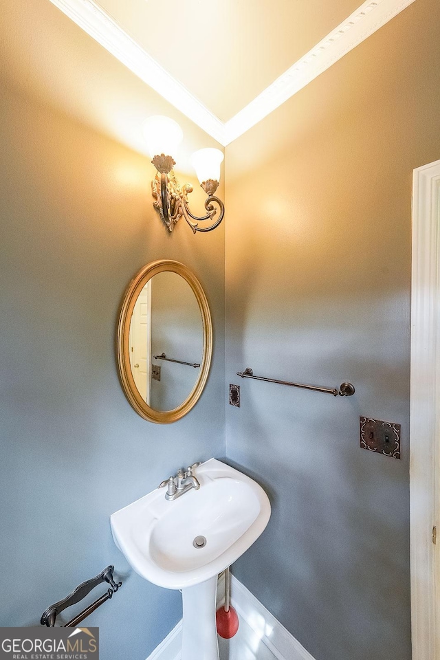 bathroom with crown molding and a sink