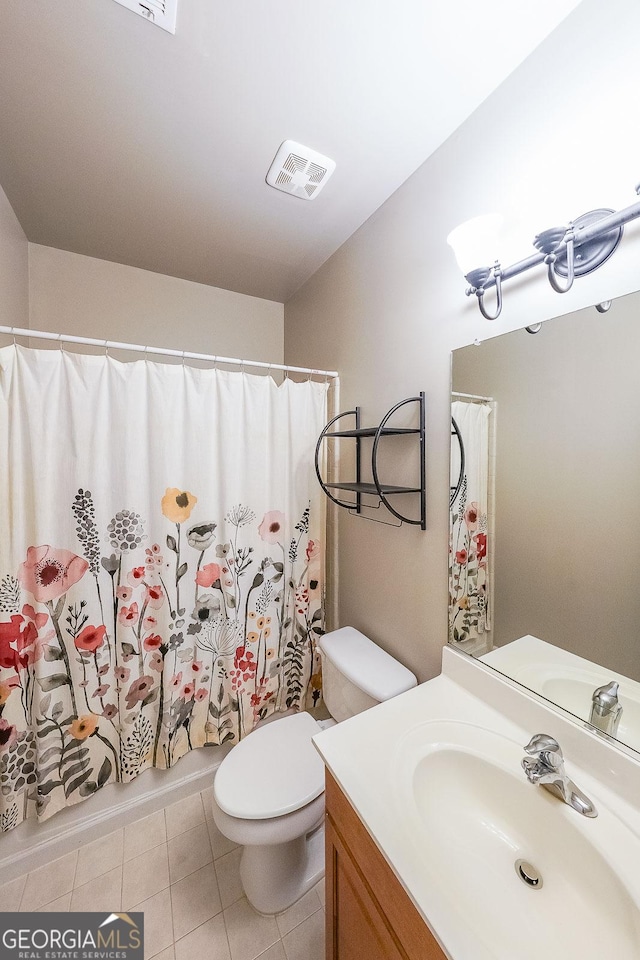 full bath featuring vanity, visible vents, toilet, curtained shower, and tile patterned floors
