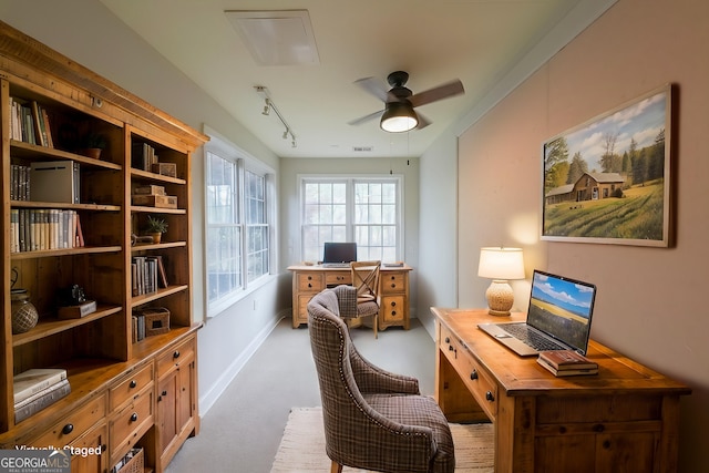 office with ceiling fan, baseboards, and carpet