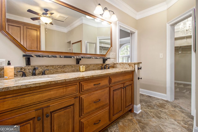 full bathroom featuring ceiling fan, baseboards, ornamental molding, and double vanity