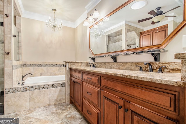 bathroom featuring a chandelier, crown molding, tiled shower, a bath, and ceiling fan