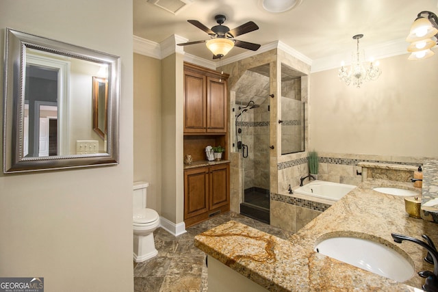 bathroom with a shower stall, ornamental molding, a garden tub, toilet, and double vanity